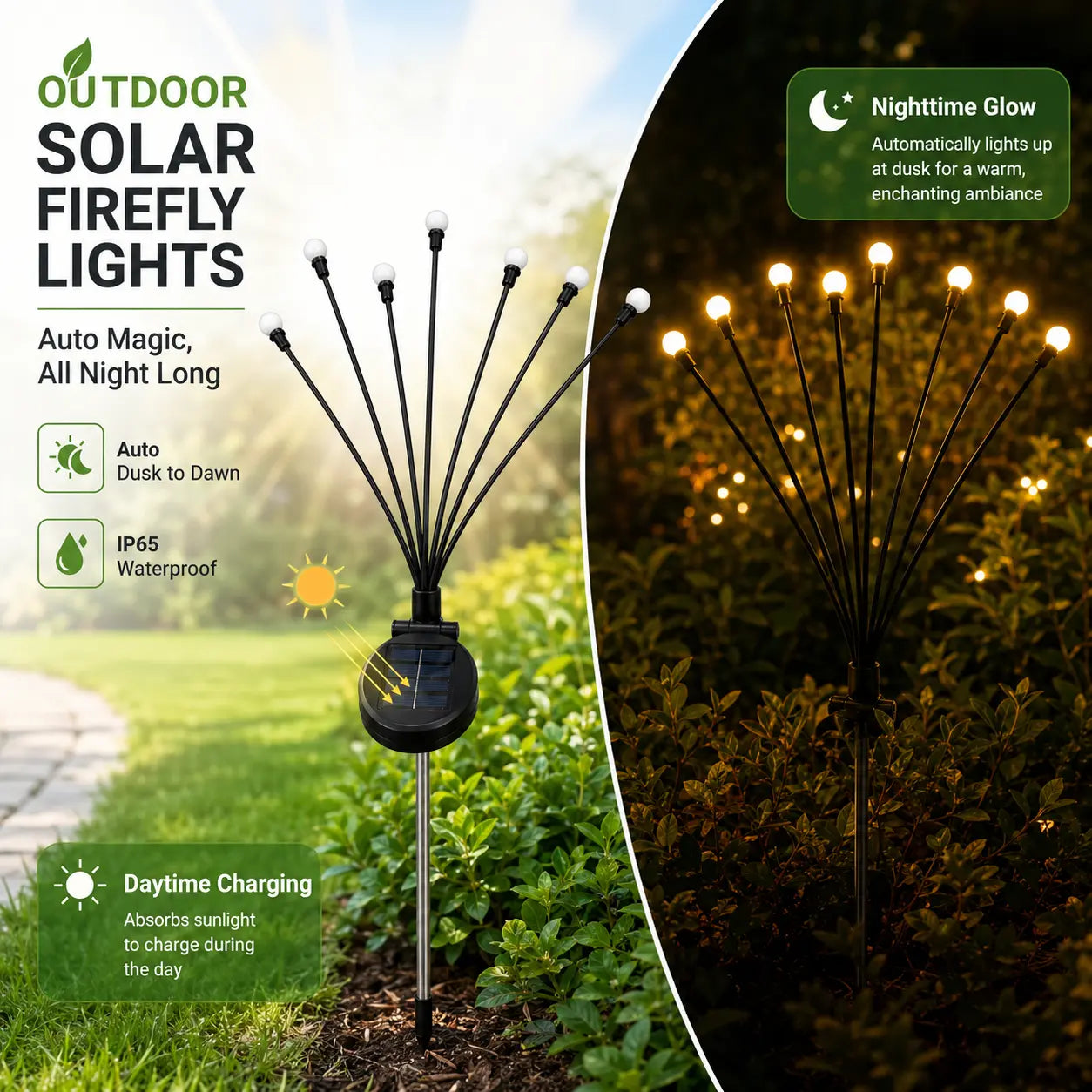 Professional Outdoor Solar Firefly Lights - Waterproof Garden Stake Illumination, Available in 4 or 8 Packs, Featuring Auto Dusk-To-Dawn Functionality with 32 or 64 LED Bulbs for Yard, Patio, Pathway, Walkway, and Landscape Decoration