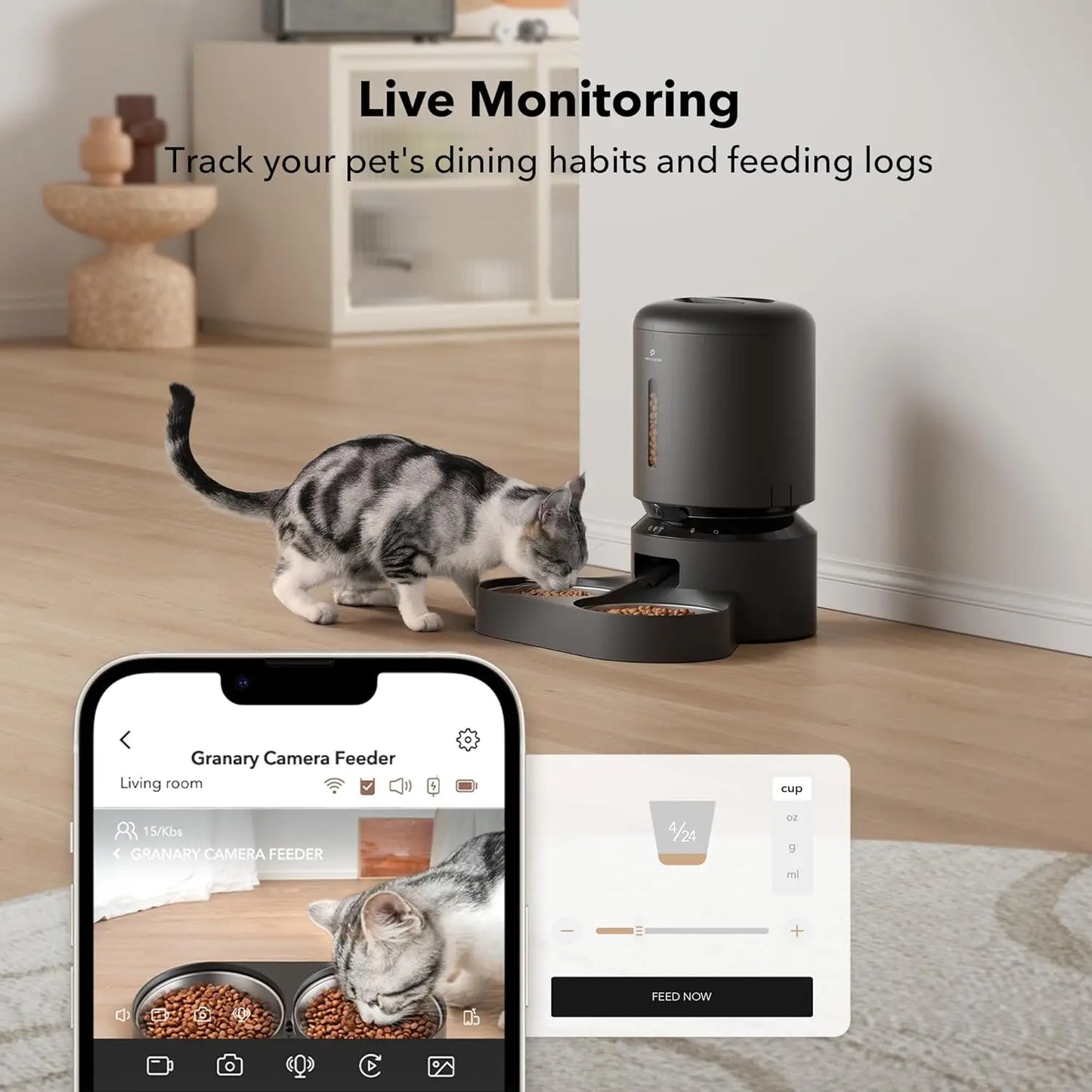 PETLIBRO 5L Automatic Cat Feeder with HD Camera, 1080P Night Vision, 5G WiFi Connectivity, Two-Way Audio, Motion and Sound Alerts, Dual Tray Design for Cats and Dogs, Black